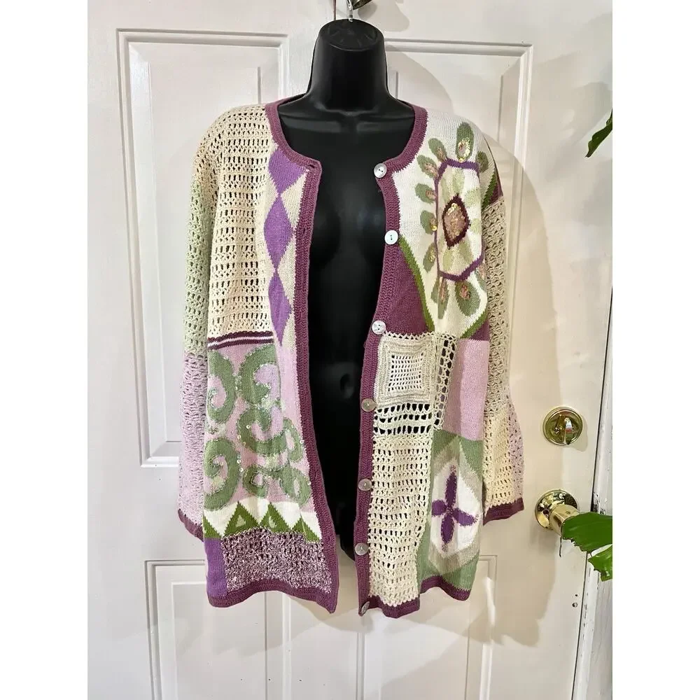 Vintage Storybook Knits Geometric Patchwork Cardigan Sweater XL Cottagecore - Picture 12 of 14